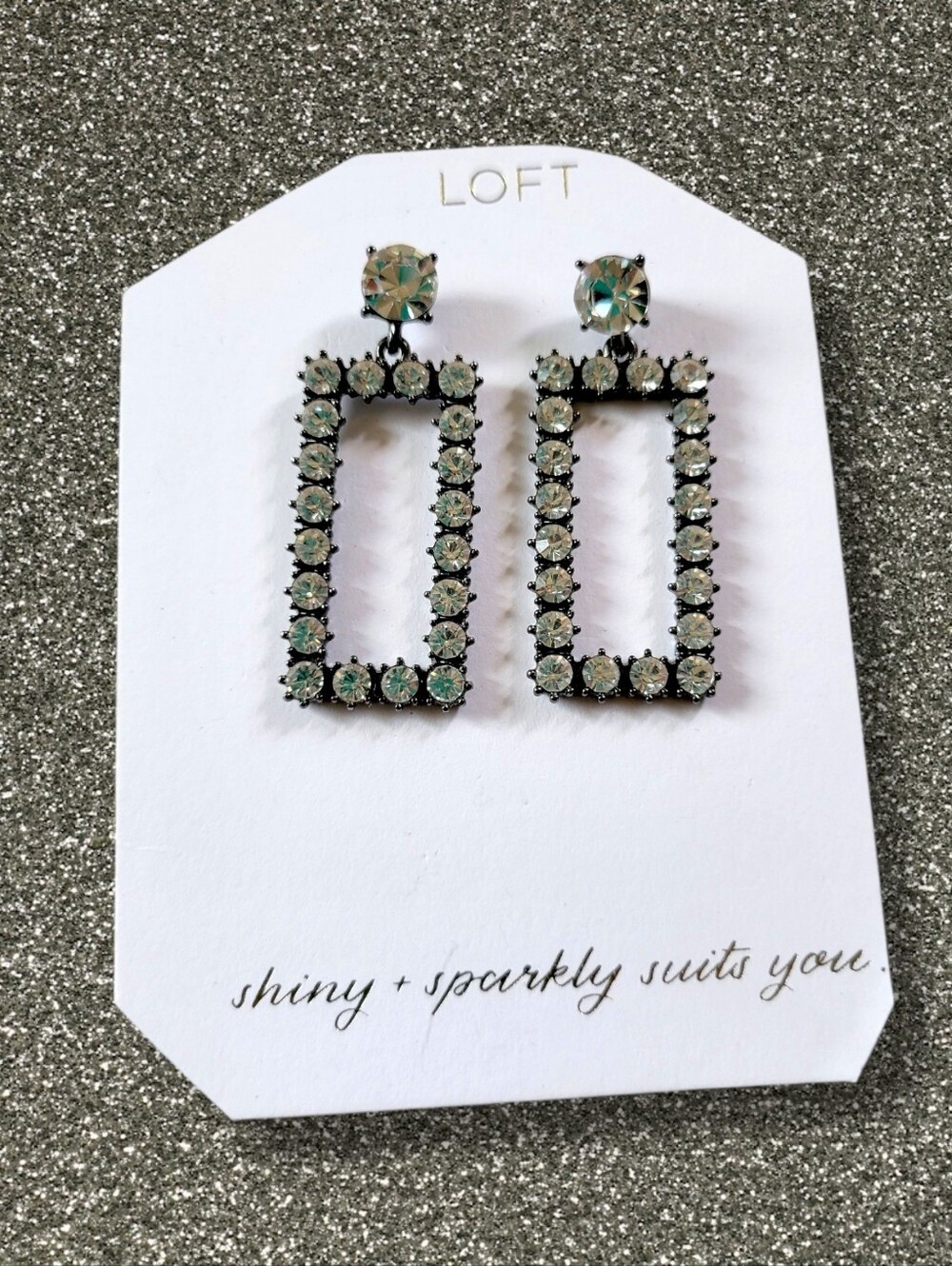 LOFT | NWT Gunmetal Clear Crystal Rhinestone Rectangular Drop Earrings